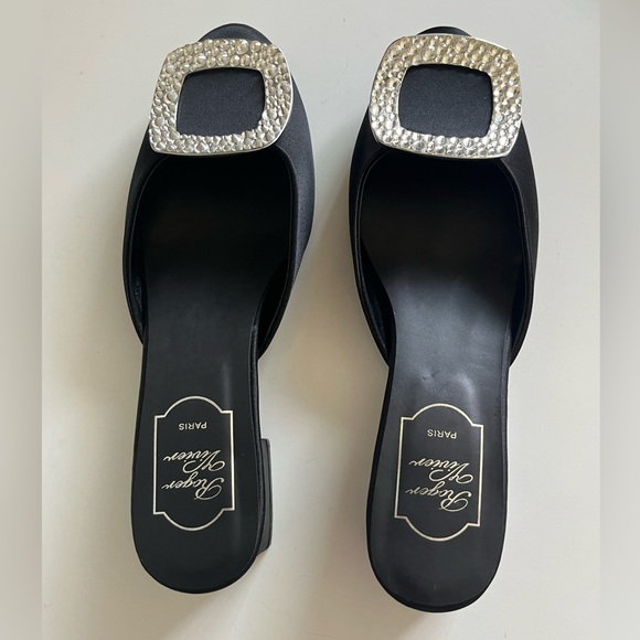 Roger Vivier Shoes - ROGER VIVIER PARIS Chips Strass Embellished Black Satin Slip On Mule Shoes 9